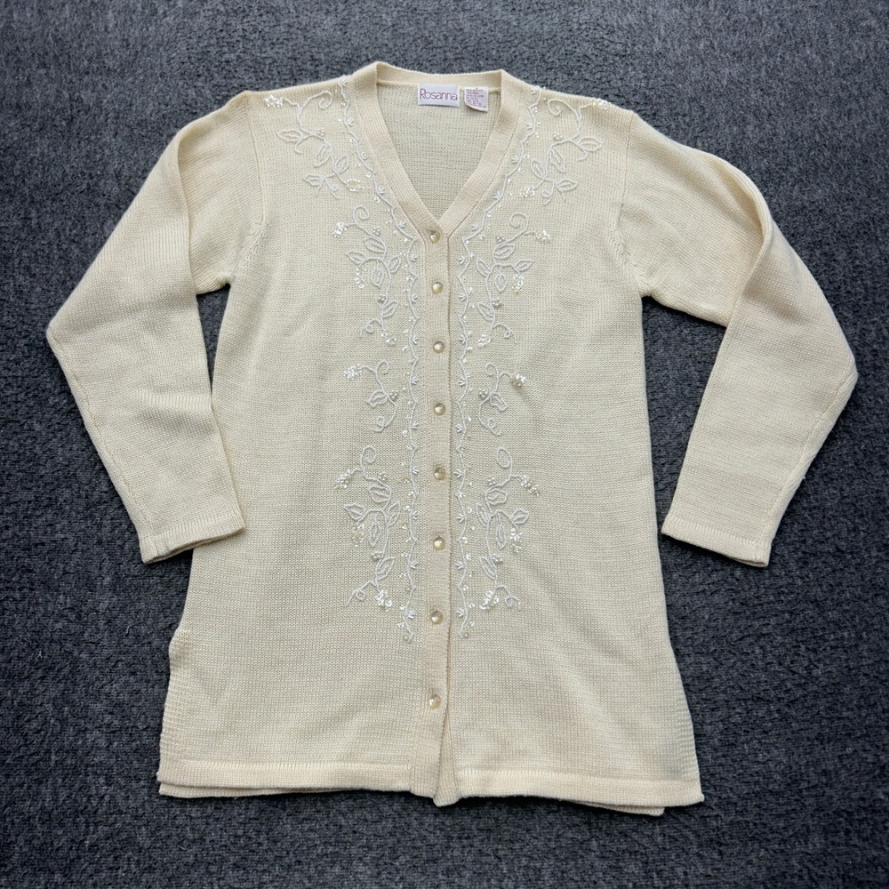 Vintage Rosanna Sweater Small Acrylic Wool Button Cardigan Sequin Beige Grandma
